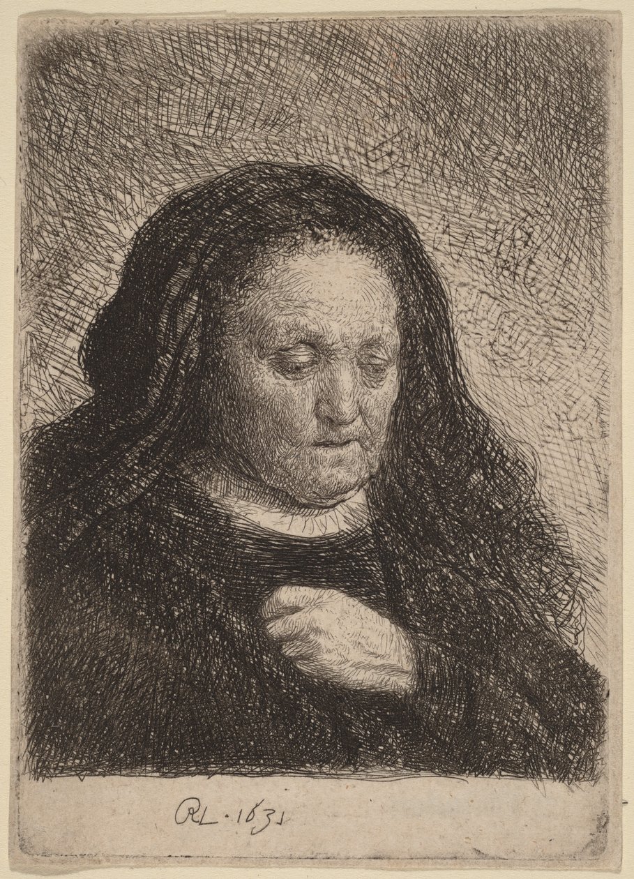 Umělcova matka s rukou na hrudi od Rembrandt van Rijn