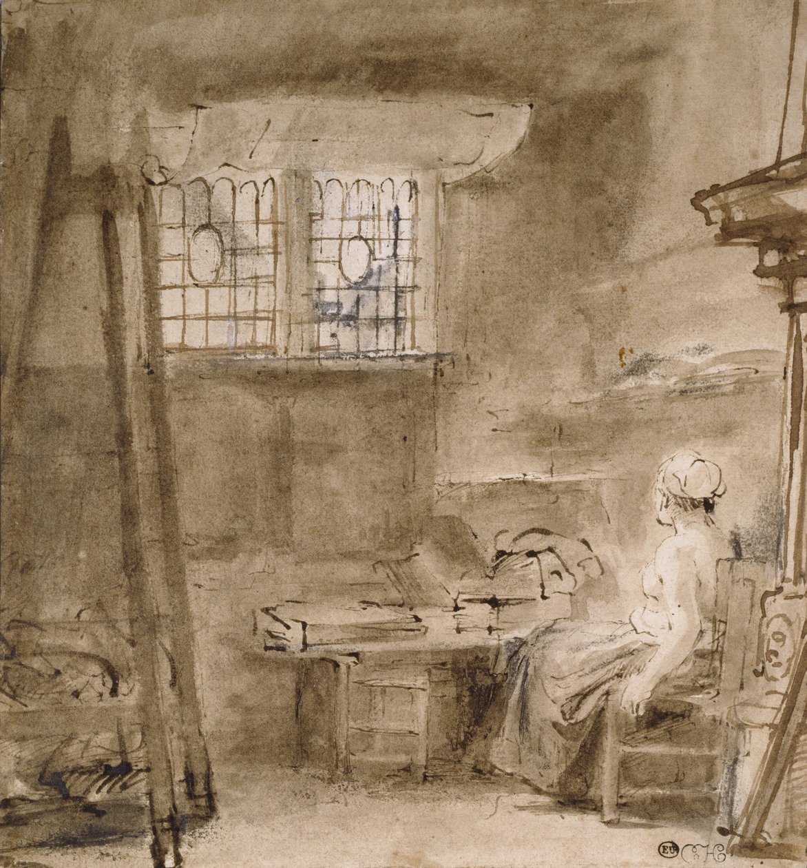 Umělcův ateliér, 1659 (pero a dva odstíny hnědé tuše, šedohnědá lazura, několik oprav bílou barvou) od Rembrandt van Rijn