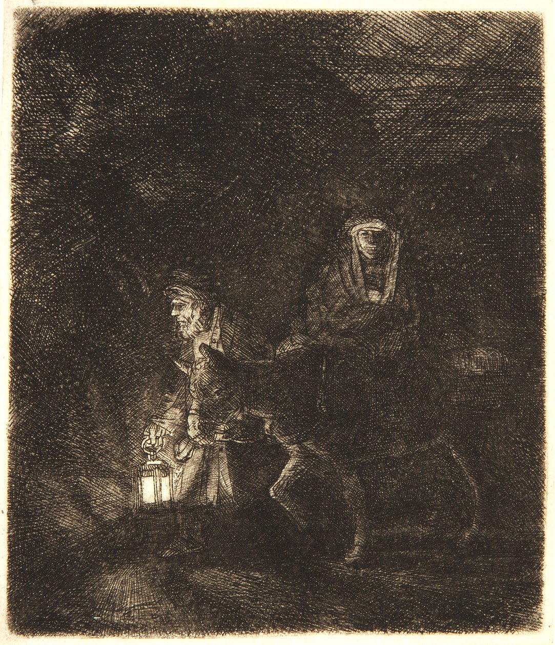 Útěk do Egypta: Noční kousek od Rembrandt van Rijn