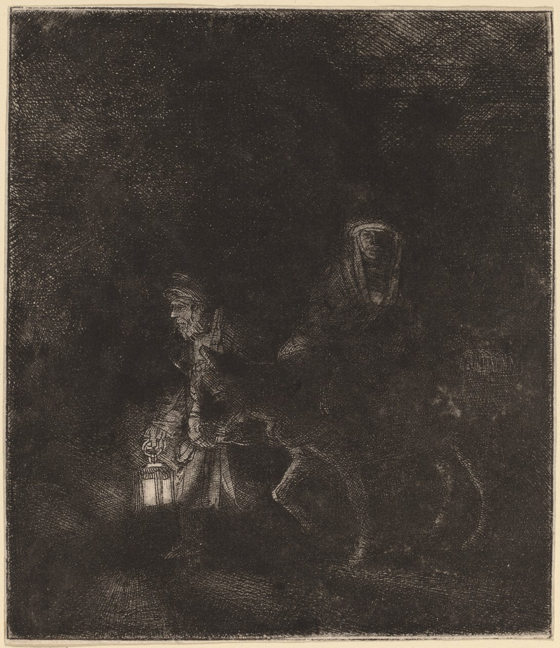 Útěk do Egypta: Noční kousek od Rembrandt van Rijn