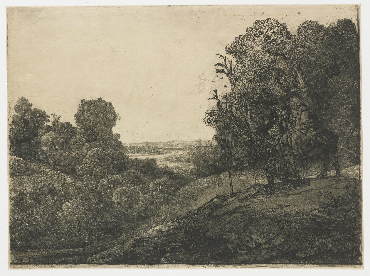 Útěk do Egypta, na talíři od Segerse Útěk do Egypta: pozměněná deska od Seghers od Rembrandt van Rijn