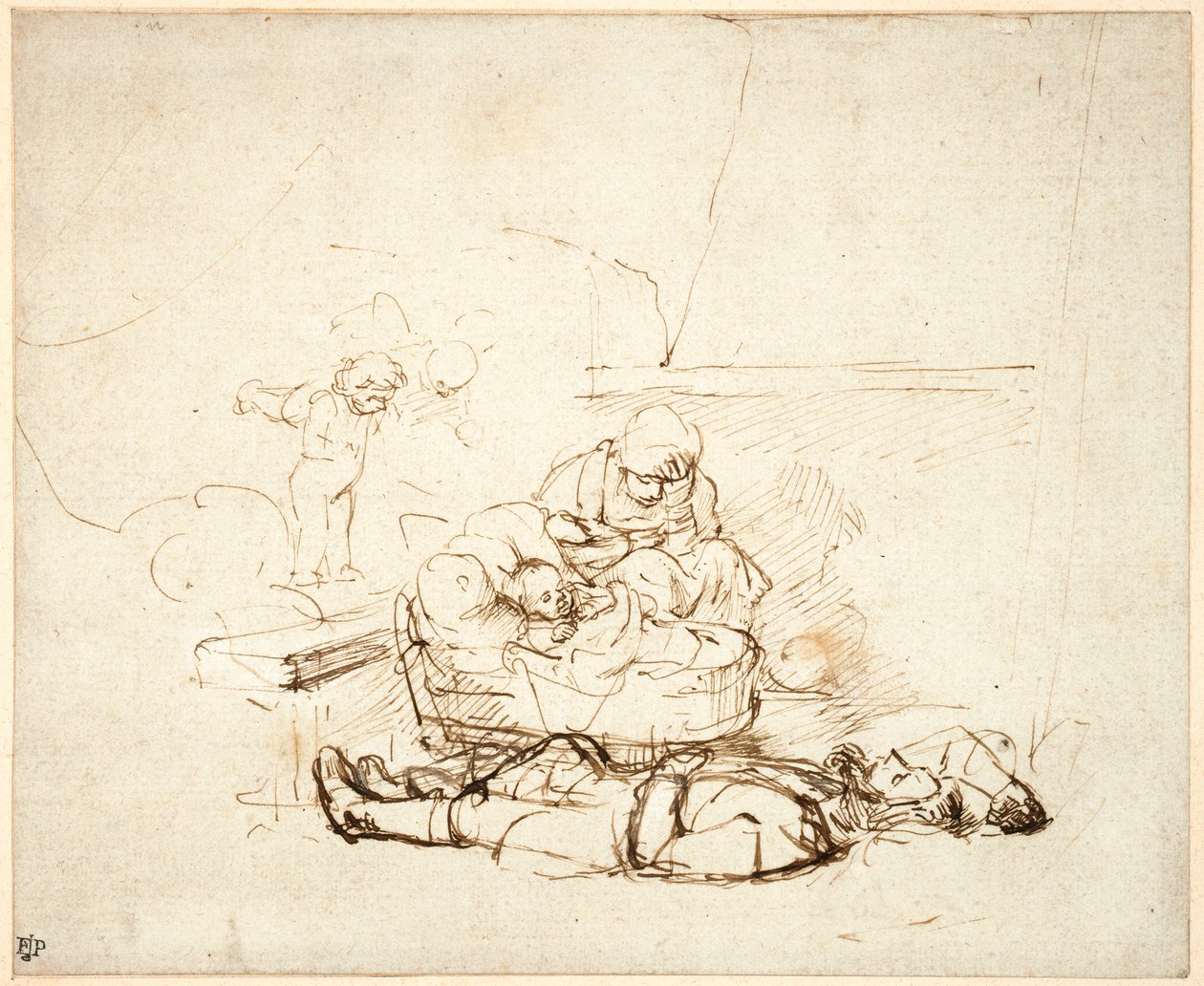 Svatá rodina spí, s anděly, 1645 (pero a inkoust s kvašem na papíře) od Rembrandt van Rijn