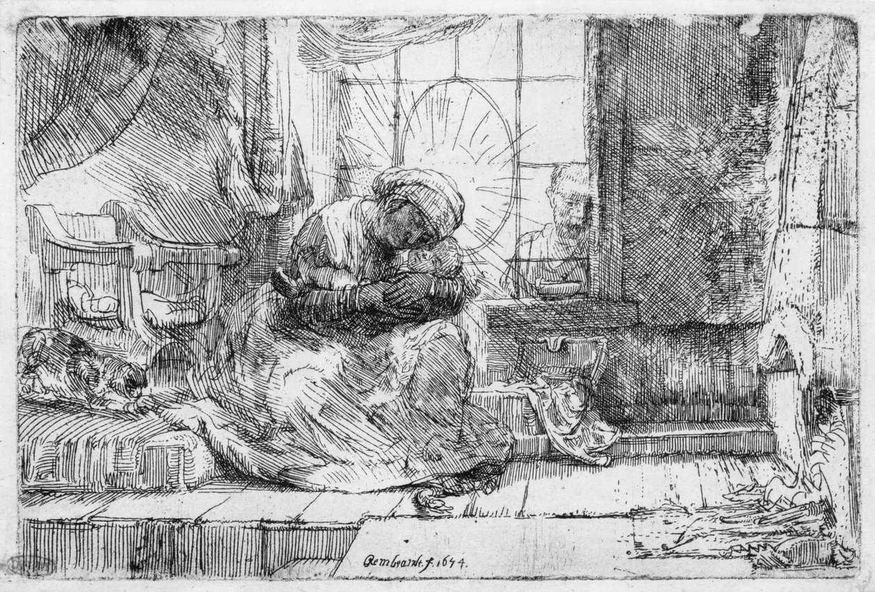 Svatá rodina s kočkou, 1654 od Rembrandt van Rijn