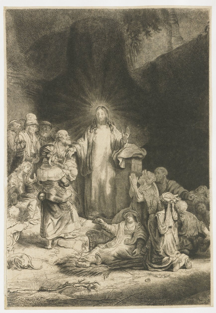Tisk „Sto guldenů“: ústřední motiv s Kristem kázajícím od Rembrandt van Rijn