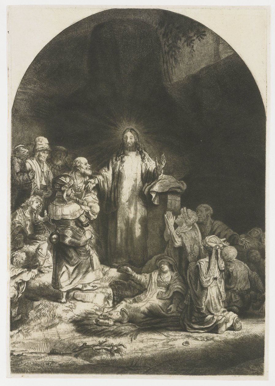 Sto guldenů: ústřední kus s Kristovým kázáním, deska klenutá od Rembrandt van Rijn