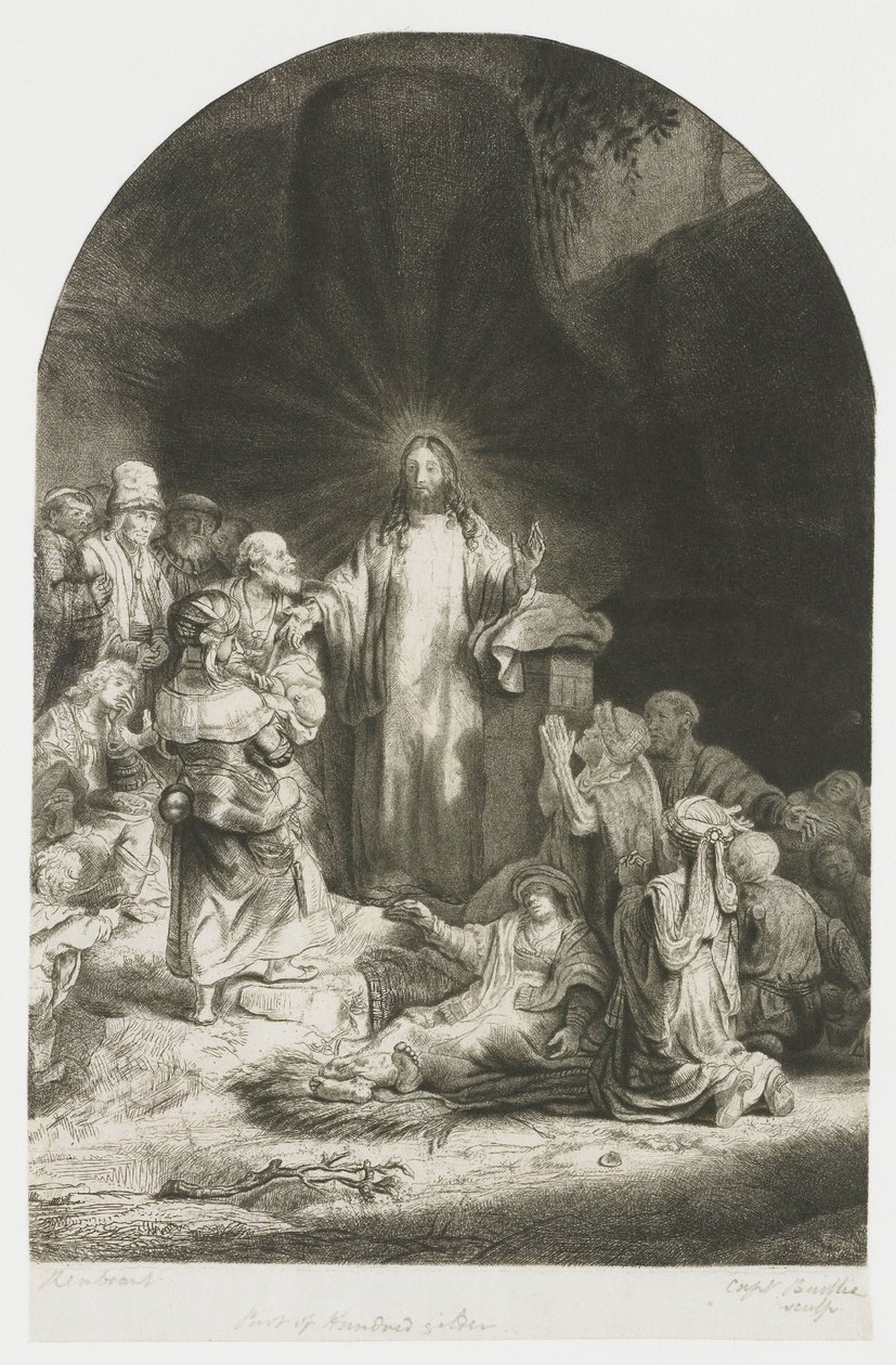 Tisk „Sto guldenů“: ústřední motiv s kázajícím Kristem, deska má obloukový tvar od Rembrandt van Rijn
