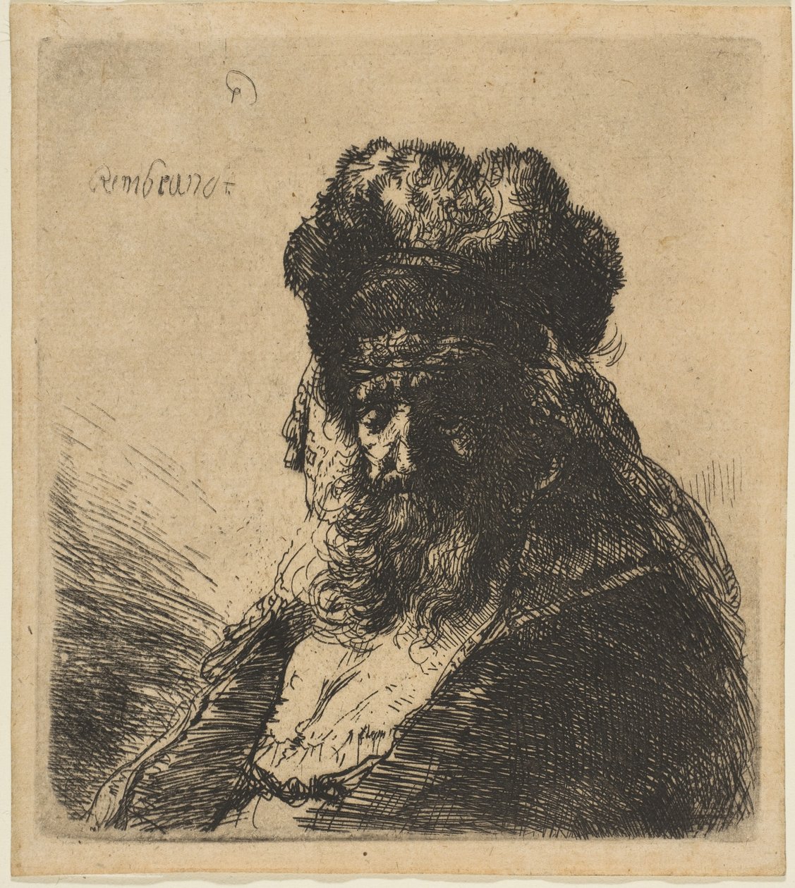Starý vousatý muž ve vysoké kožešinové čepici, se zavřenýma očima, ca. 1635. od Rembrandt van Rijn