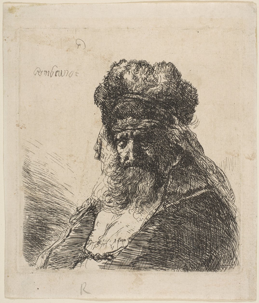 Starý vousatý muž ve vysoké kožešinové čepici, se zavřenýma očima, ca. 1635. od Rembrandt van Rijn