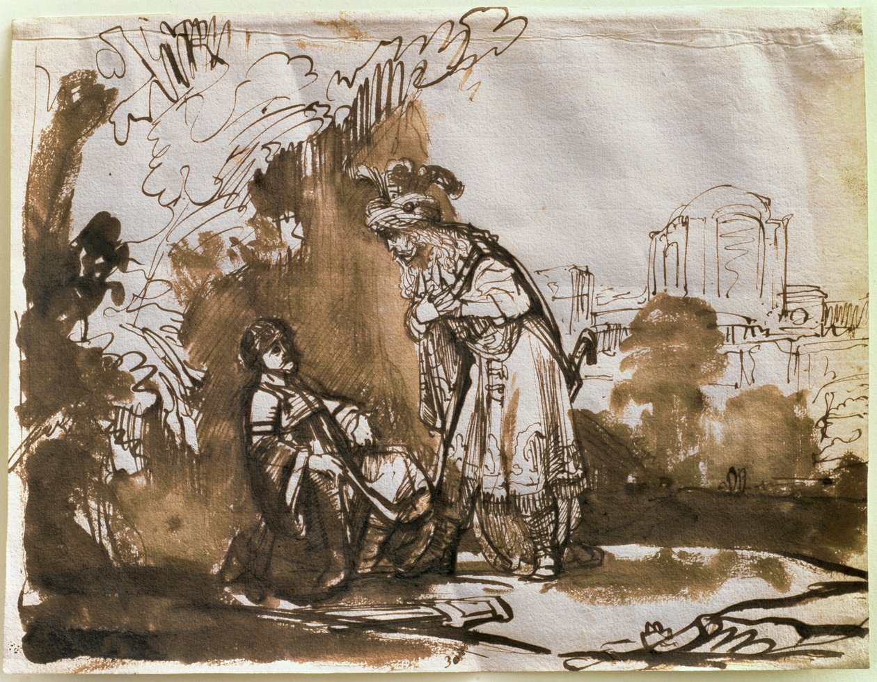Rozloučení Davida a Jonathana (pero a mytí na papíře) od Rembrandt van Rijn