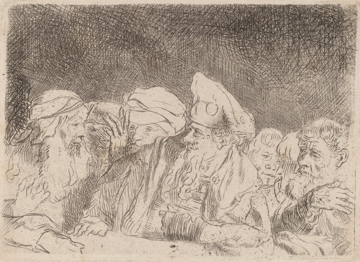 Farizeové diskutující o fragmentu z tisku sta guldenů, c. 1649. od Rembrandt van Rijn