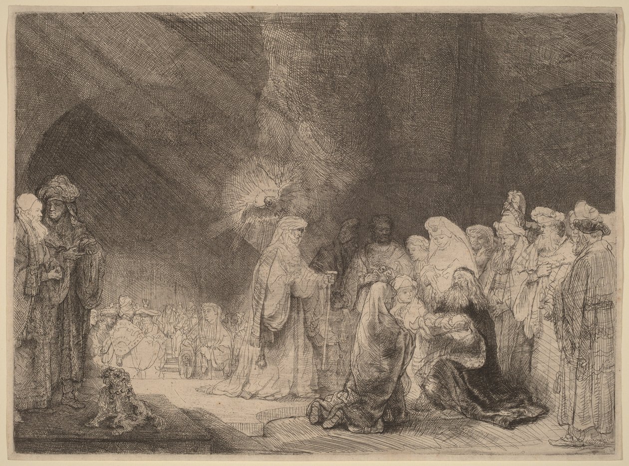 Obětování v chrámu: podlouhlý tisk od Rembrandt van Rijn