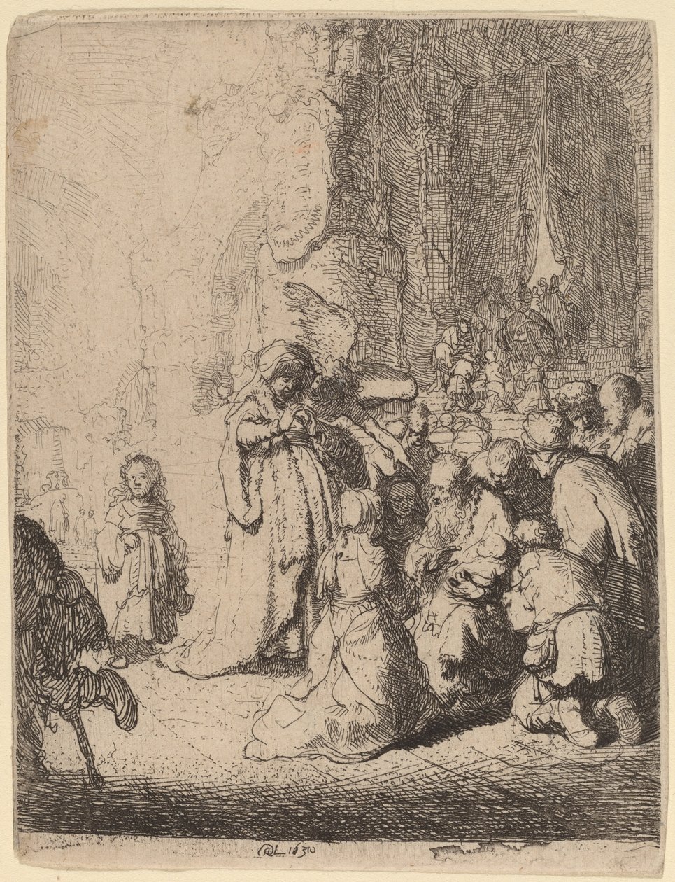 Prezentace v chrámu s andělem: Malý talíř od Rembrandt van Rijn