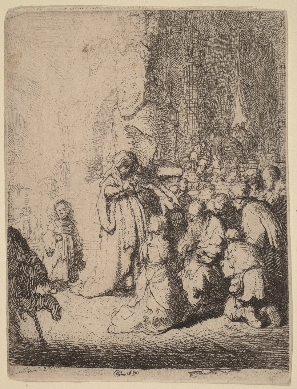 Obětování v chrámu s andělem: Malá deska od Rembrandt van Rijn