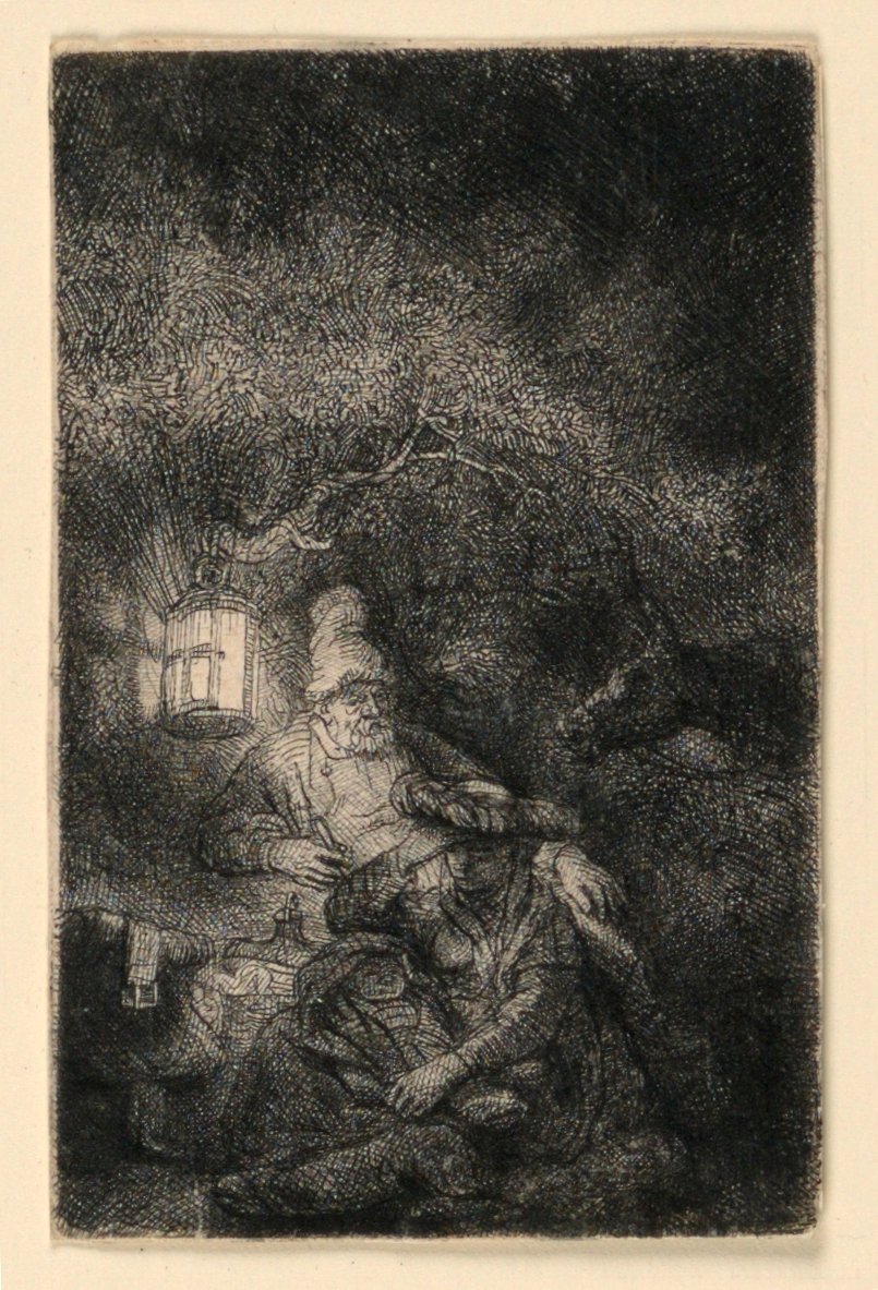 Zbytek na útěku do Egypta: Noční kousek od Rembrandt van Rijn