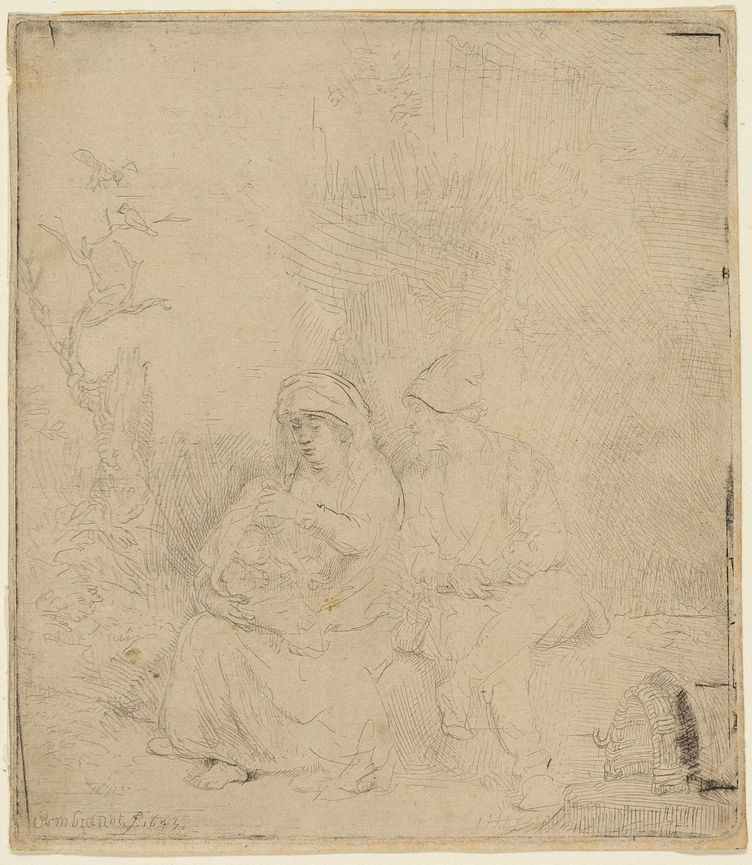 Zbytek na útěku do Egypta: Lehce leptané od Rembrandt van Rijn