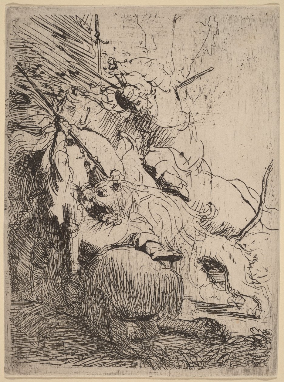Lov na malého lva (s jedním lvem) od Rembrandt van Rijn