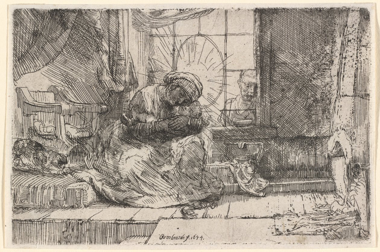 Panna a dítě s kočkou a hadem od Rembrandt van Rijn