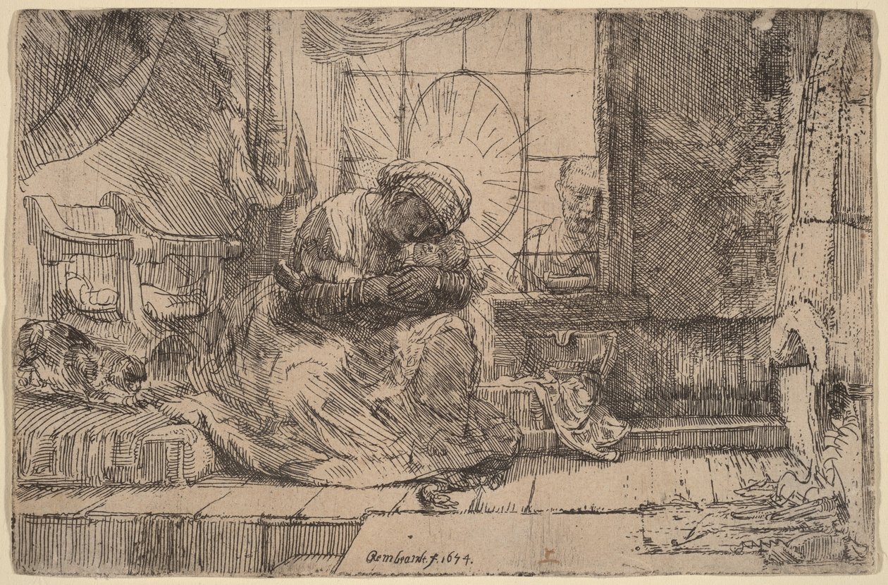 Panna Marie s dítětem, kočkou a hadem od Rembrandt van Rijn