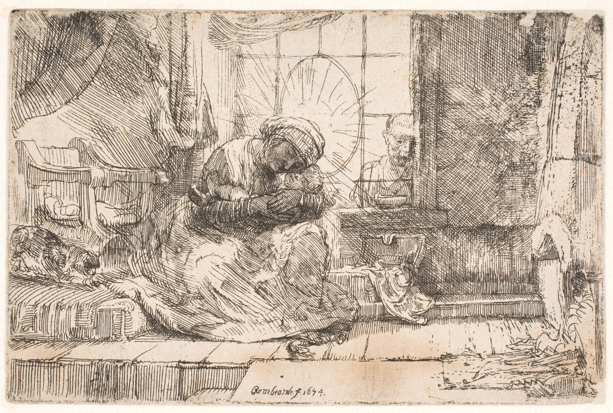 Panna Marie s dítětem a kočkou: a Josef u okna od Rembrandt van Rijn