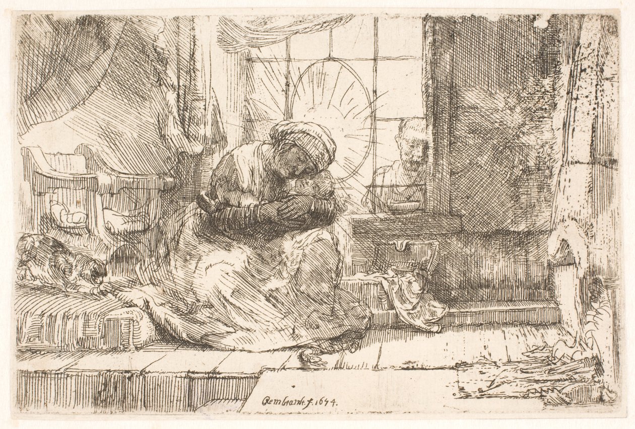Panna Marie s dítětem a kočkou: a Josef u okna od Rembrandt van Rijn
