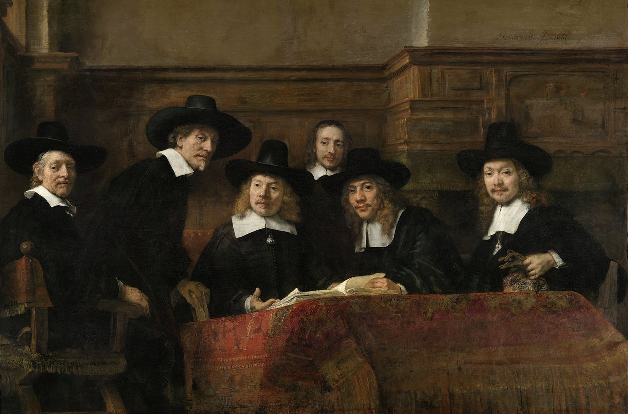The Wardens of the Amsterdam Drapers’ Guild, známý jako „The Syndics“, 1662 od Rembrandt van Rijn