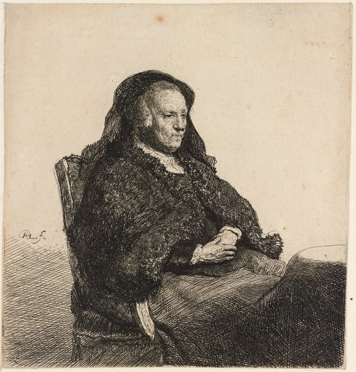 Umělcova matka seděla u stolu, kolem roku 1631. od Rembrandt van Rijn