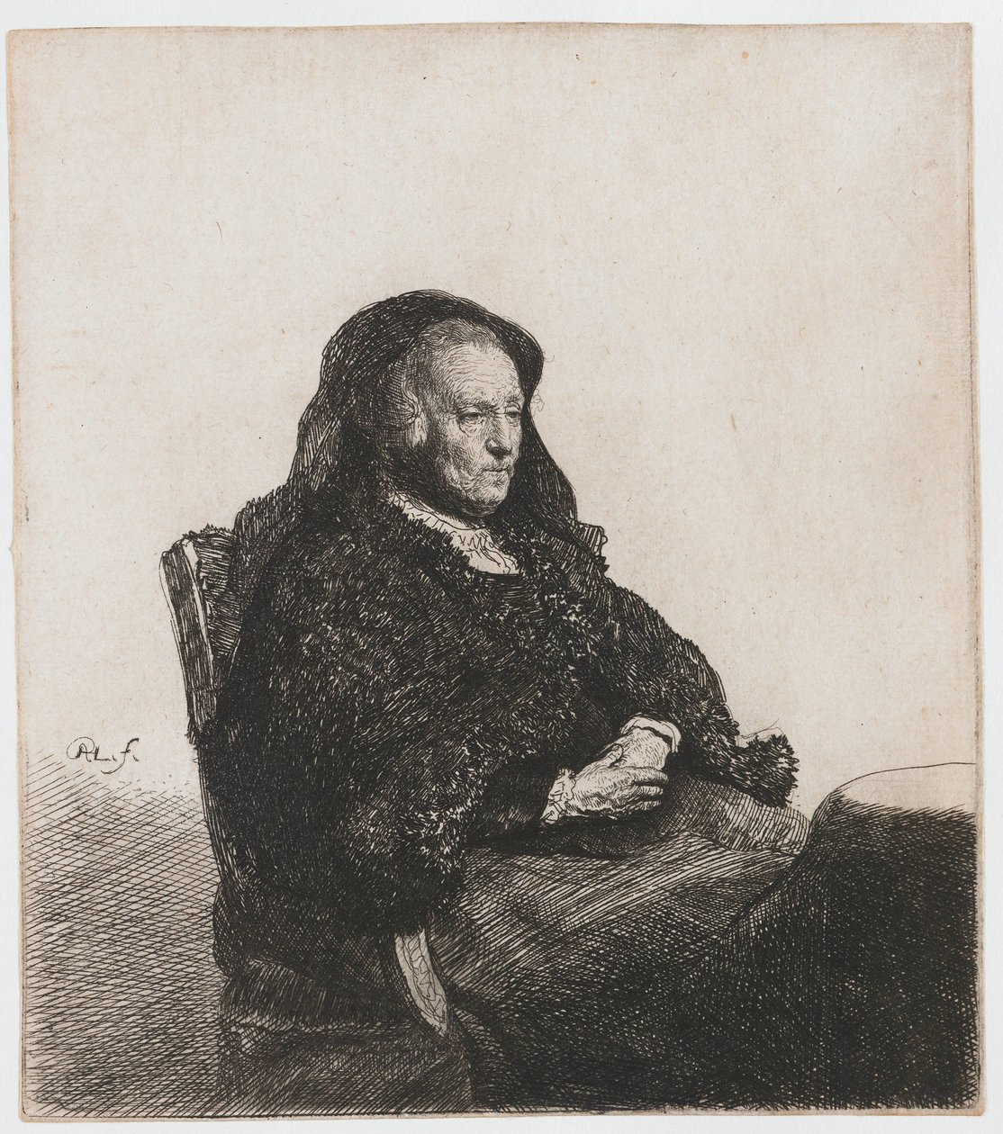 Umělcova matka seděla u stolu a dívala se správně: tři čtvrtiny délky od Rembrandt van Rijn