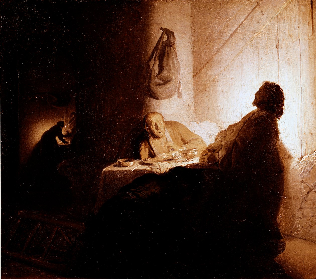 Emauzská večeře Kristus se zjevuje poutníkům sedícím u stolu v hostinci v Emauzích. Obraz Harmensz van Rijn dit Rembrandt (1606-1669) 1628-1629 Sun. 21,5x16,5 cm Paříž, musee Jacquemart Andre od Rembrandt van Rijn