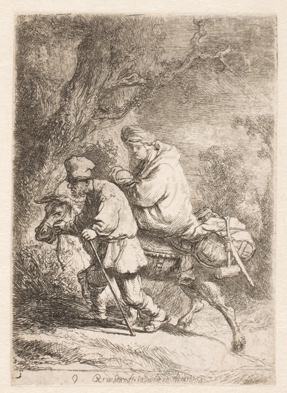 Útěk do Egypta: malý talíř od Rembrandt van Rijn