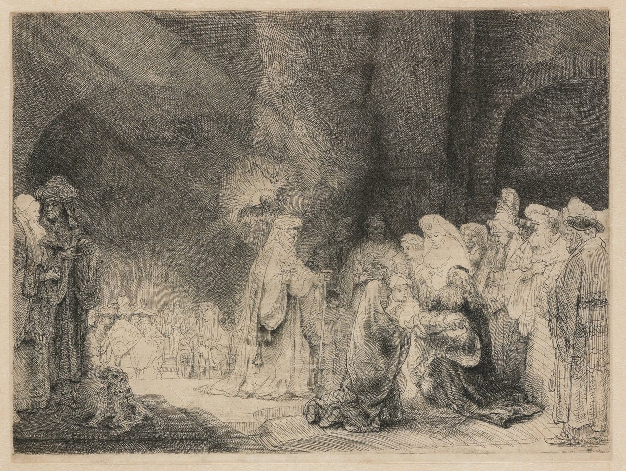 Prezentace v chrámu: podlouhlý tisk od Rembrandt van Rijn