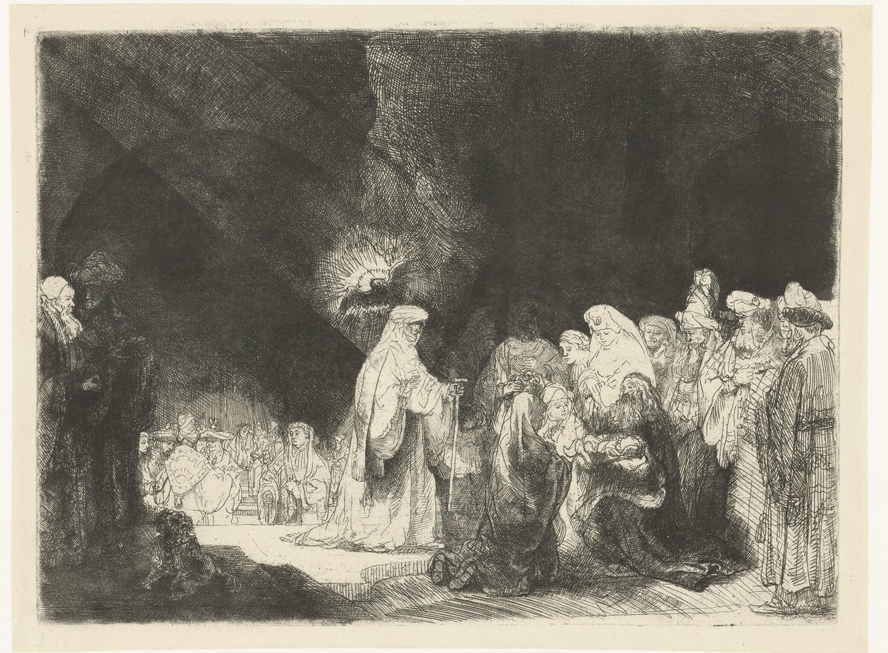 Prezentace v chrámu: podlouhlý tisk od Rembrandt van Rijn