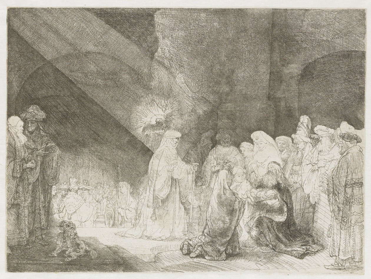 Prezentace v chrámu: podlouhlý tisk od Rembrandt van Rijn