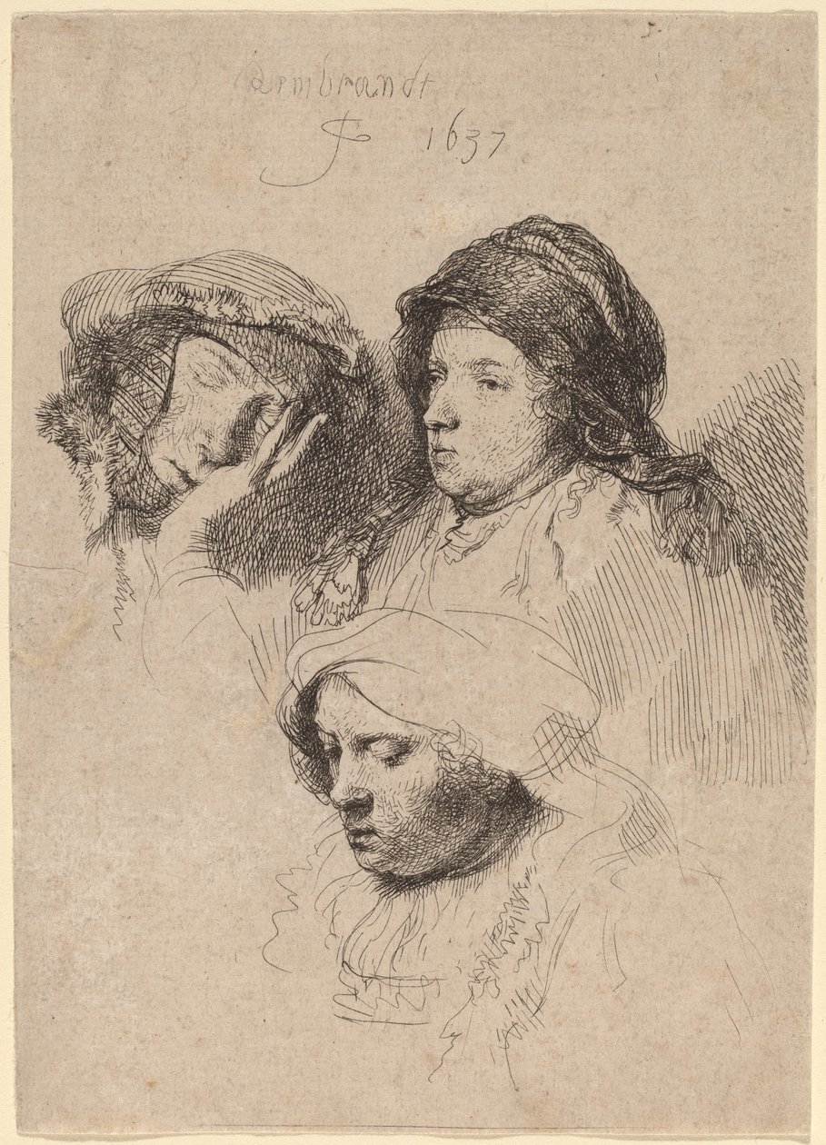 Tři hlavy žen, jedna spí od Rembrandt van Rijn