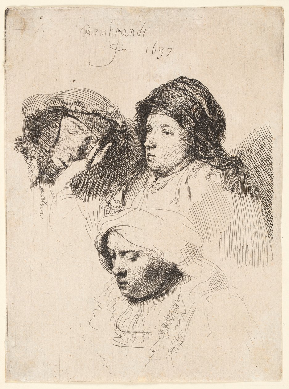 Tři hlavy žen, jedna spí od Rembrandt van Rijn