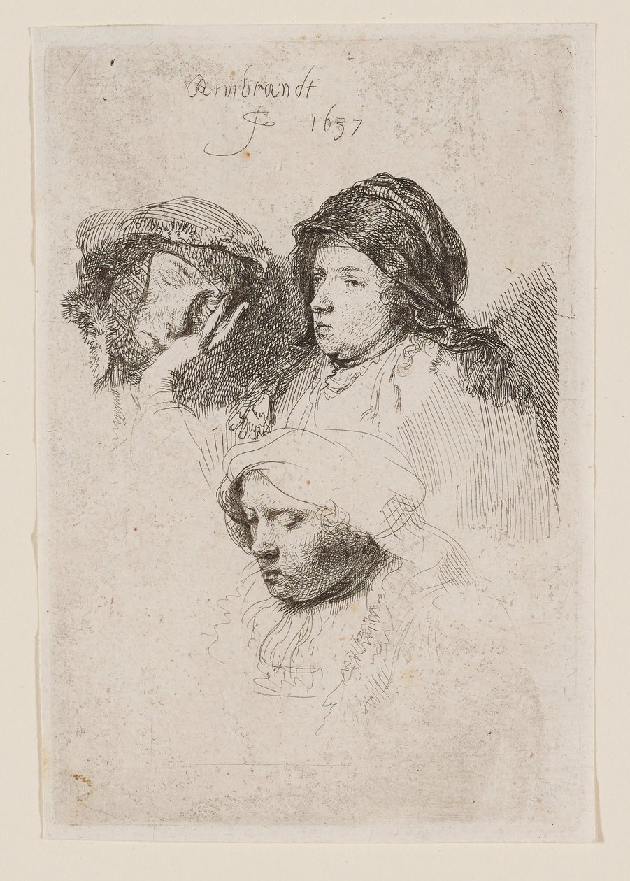 Tři ženské hlavy, z nichž jedna spí od Rembrandt van Rijn