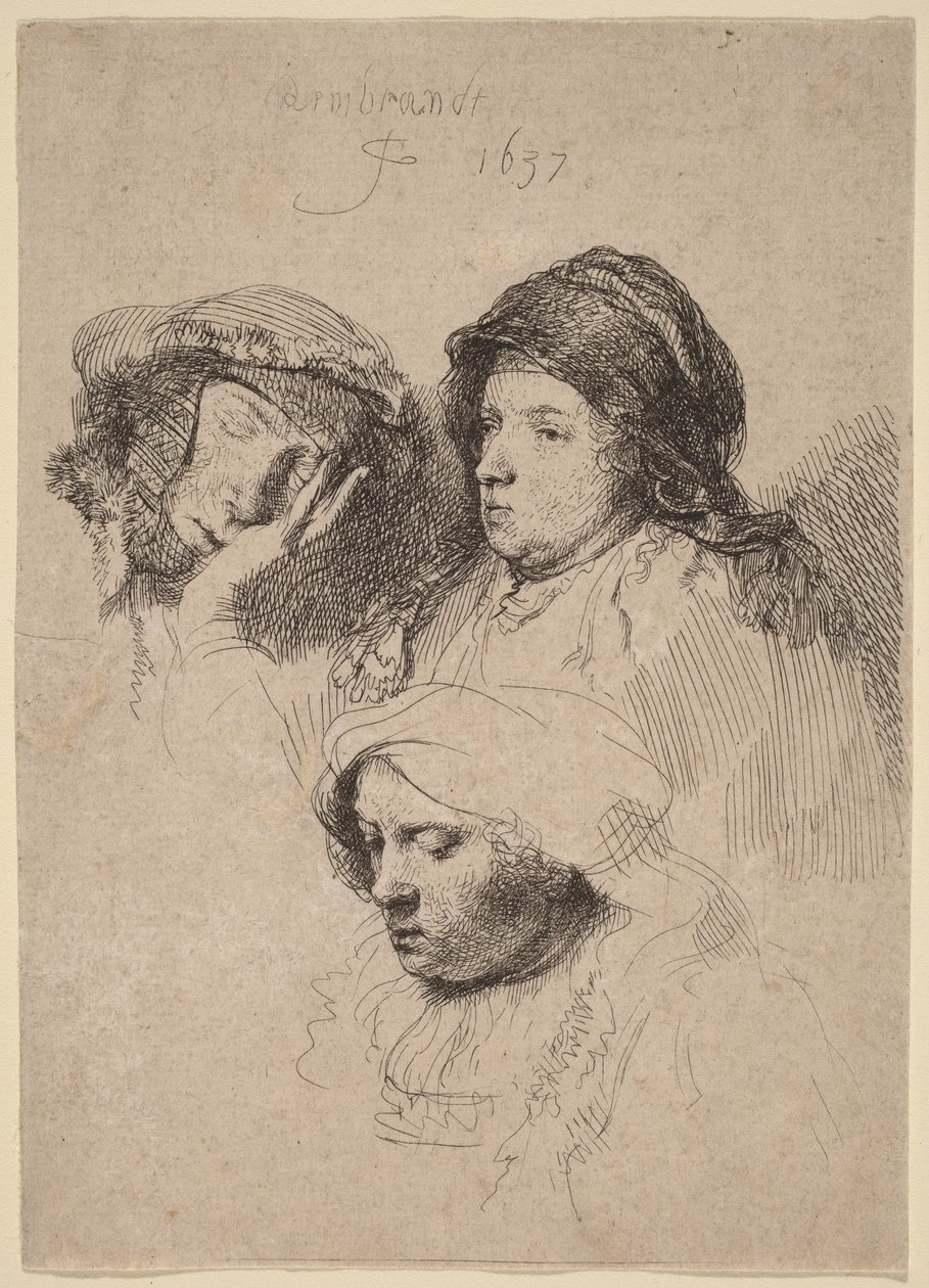 Tři ženské hlavy, z nichž jedna spí od Rembrandt van Rijn