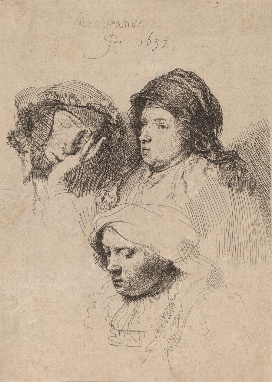 Tři hlavy žen, jedna spí, 1637. od Rembrandt van Rijn