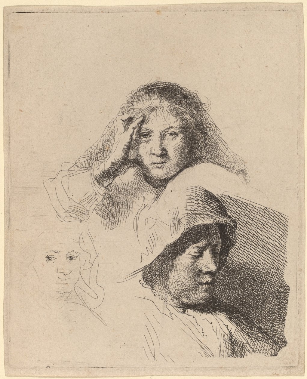 Tři hlavy žen, jedna lehce leptaná od Rembrandt van Rijn