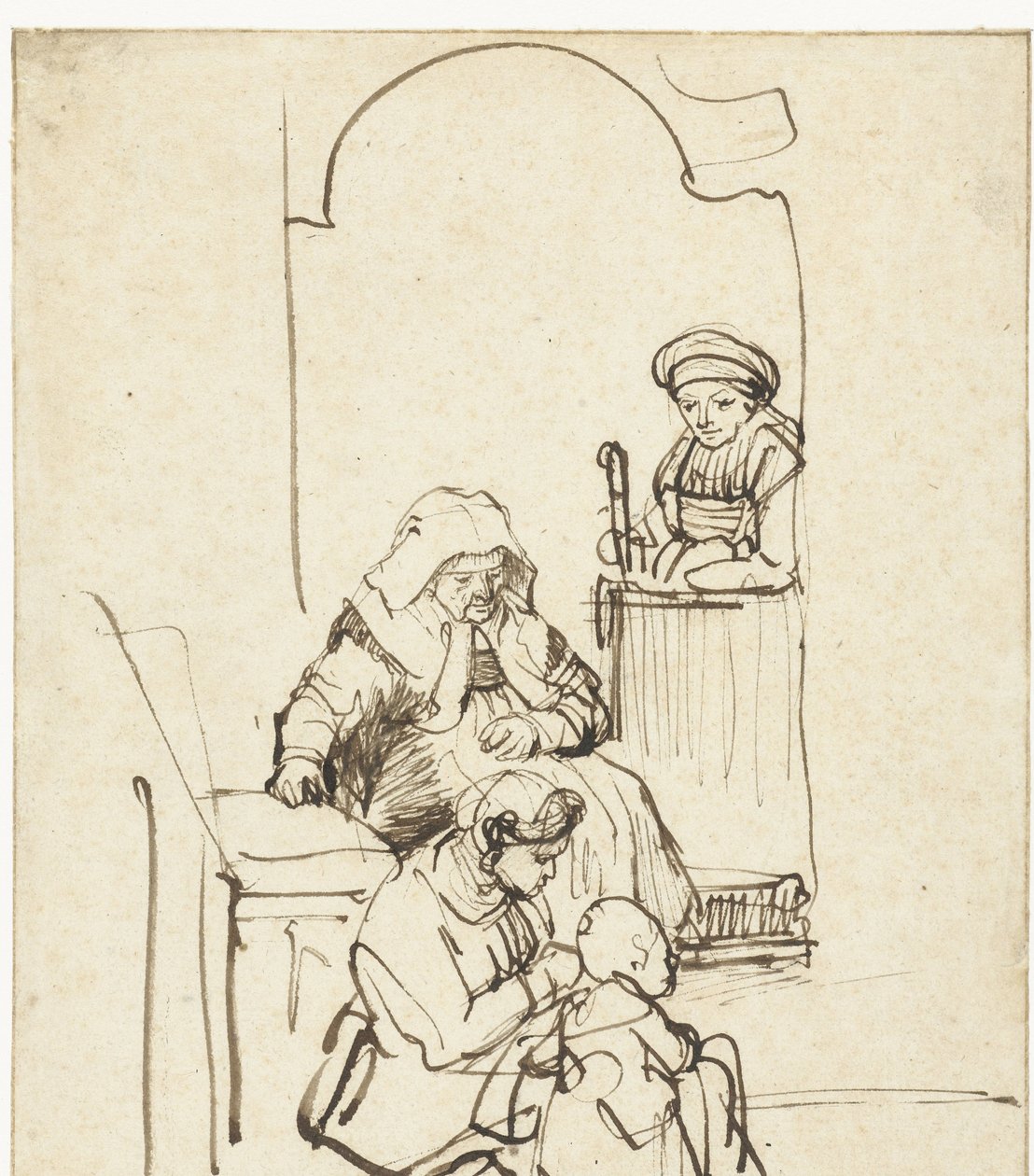 Tři ženy a dítě u dveří od Rembrandt van Rijn