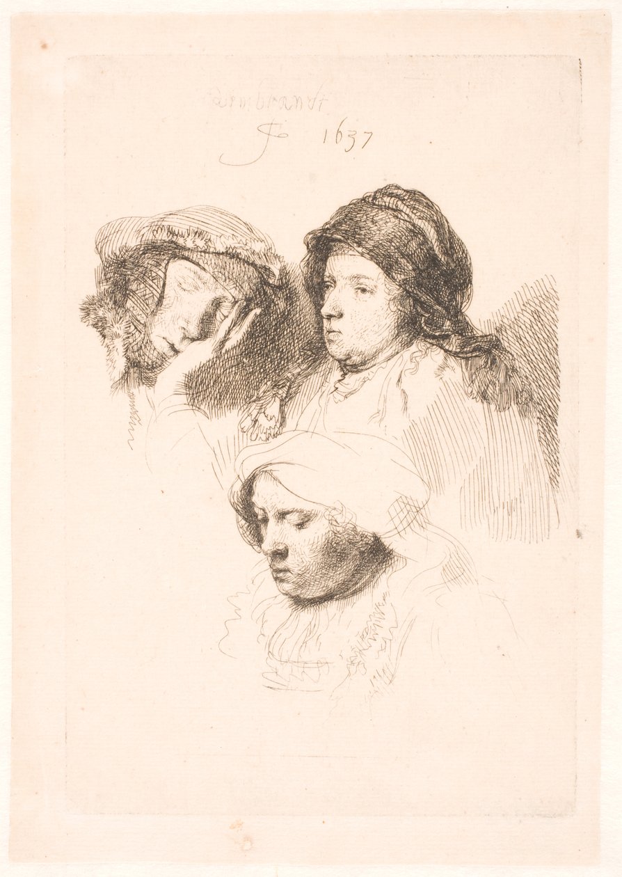 Tři hlavy žen, jedna spí od Rembrandt van Rijn