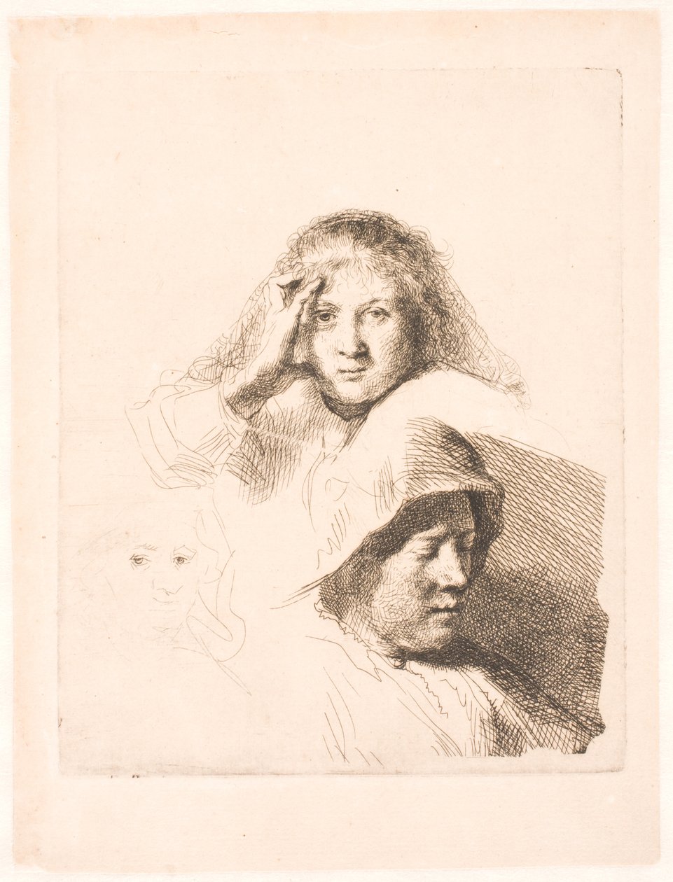 Tři hlavy žen, jedna lehce leptaná od Rembrandt van Rijn