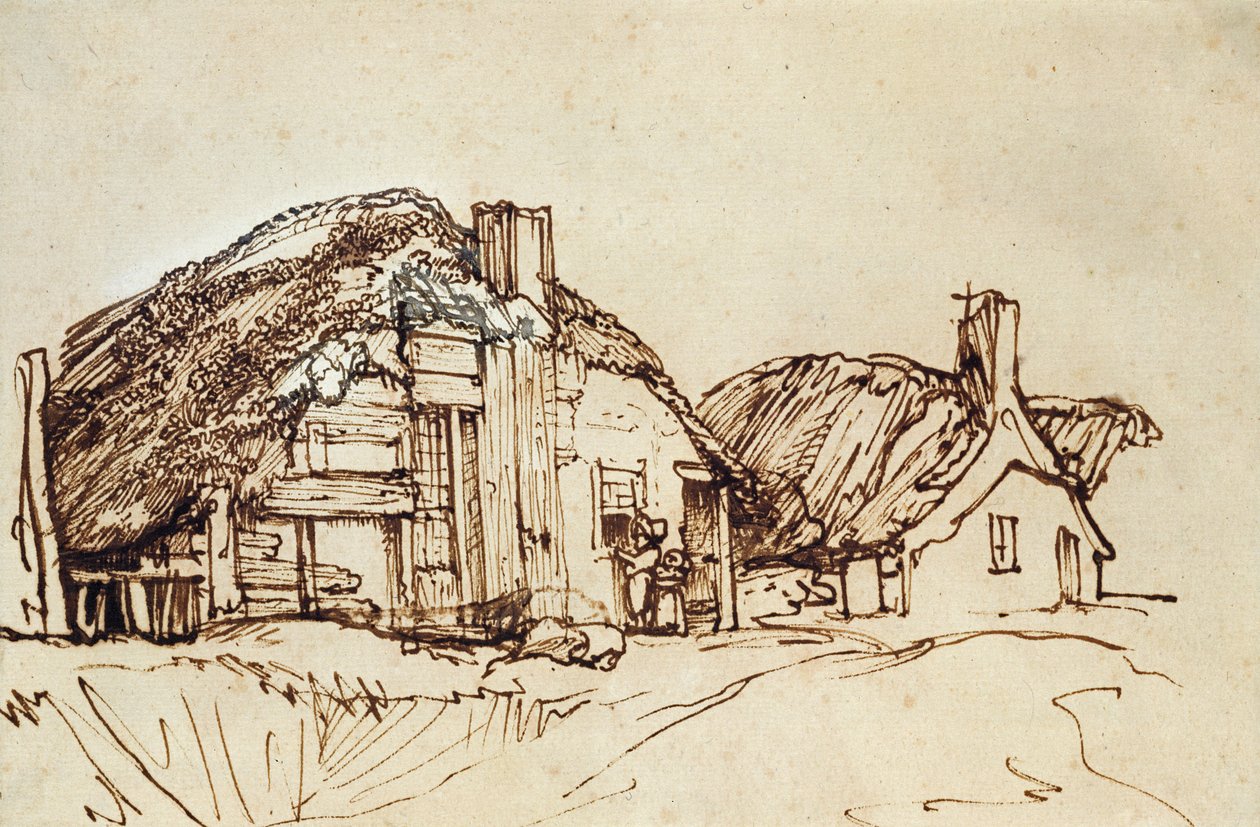 Dvě doškové chaloupky s postavami u okna od Rembrandt van Rijn