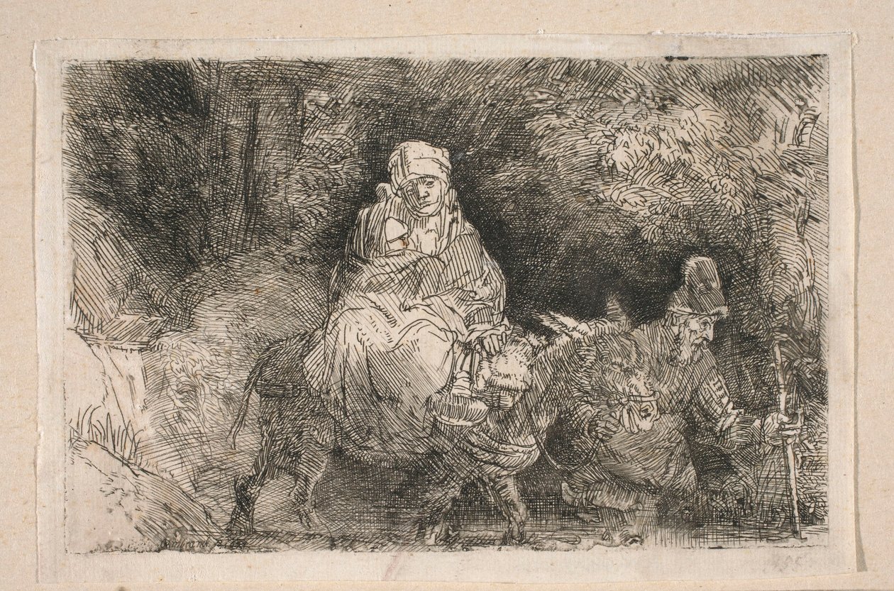 Útěk do Egypta – Svatá rodina přecházející potok od Rembrandt van Rijn
