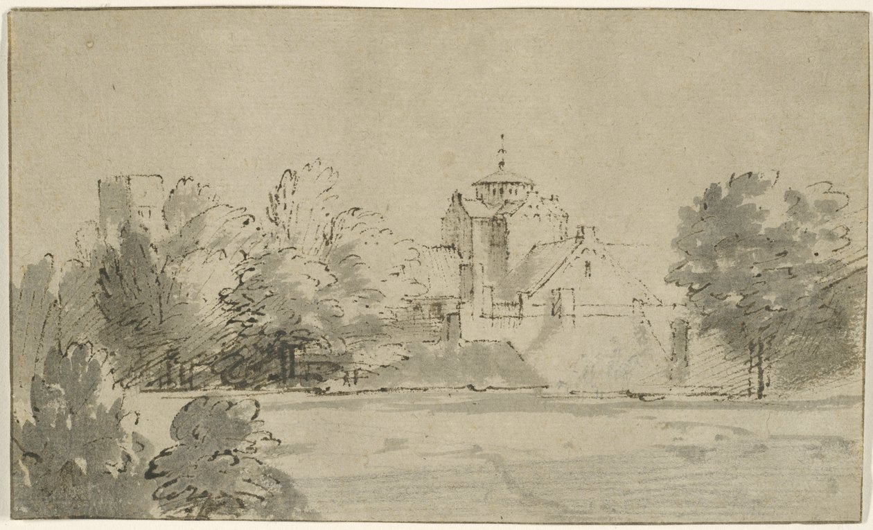 Pohled na Mariakerk v Utrechtu z jihu, kolem roku 1652 (pero a inkoust s praním na papíře) od Rembrandt van Rijn