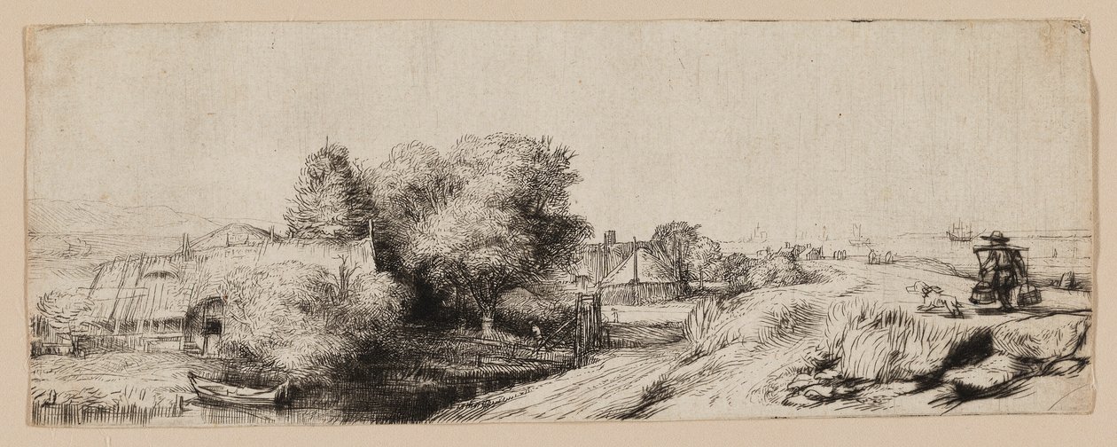 Pohled na Diemerdijk s mlékařem a chalupami od Rembrandt van Rijn