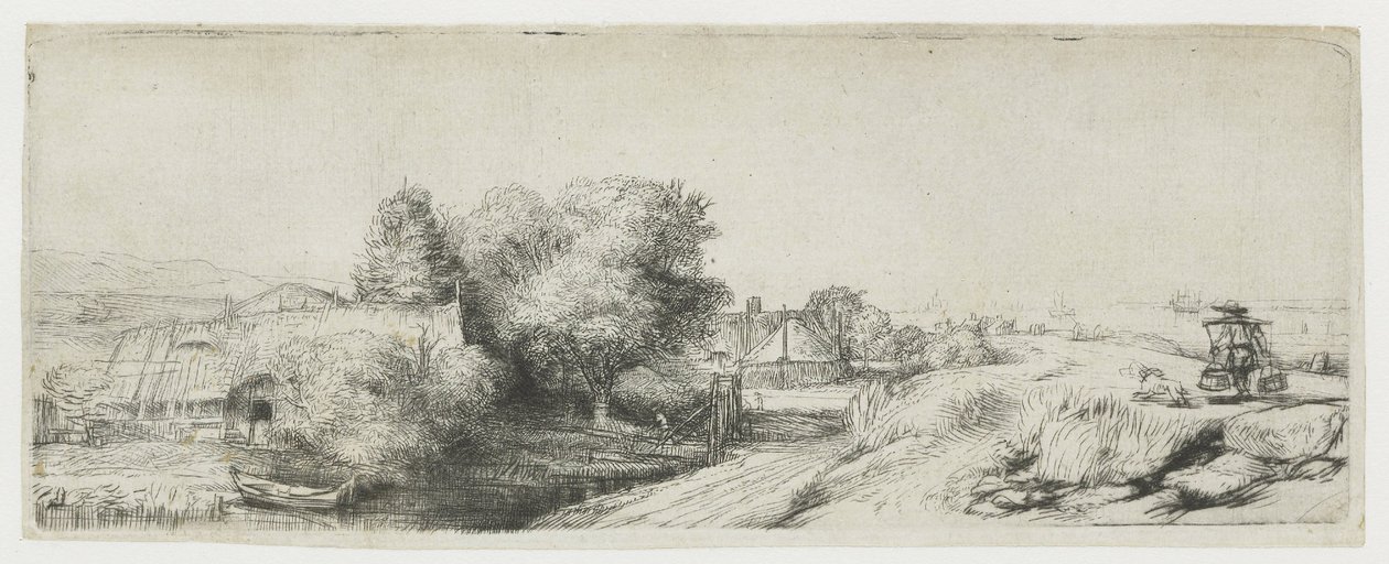 Pohled na Diemerdijk s mlékařem a chalupami od Rembrandt van Rijn