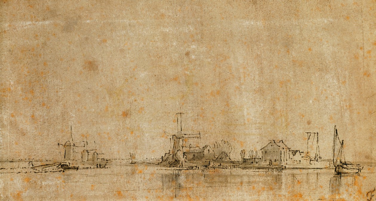Pohled na Amstel u Omval, vlevo Ringvaart z Diermermeer od Rembrandt van Rijn
