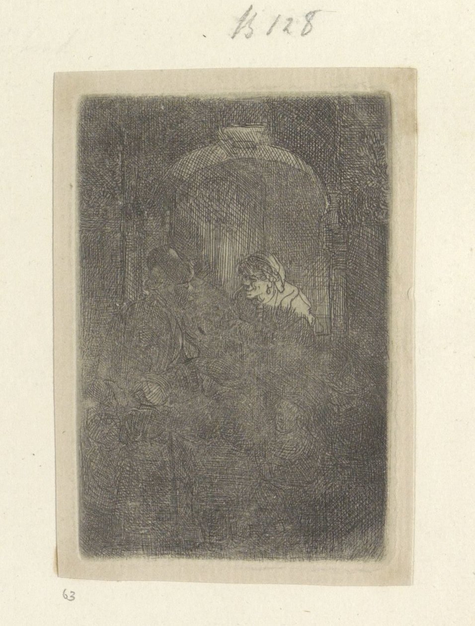 Žena ve dveřích, mluví s mužem s dětmi Recueil de quatre-vingt-cinq estampes originales (název série) od Rembrandt van Rijn