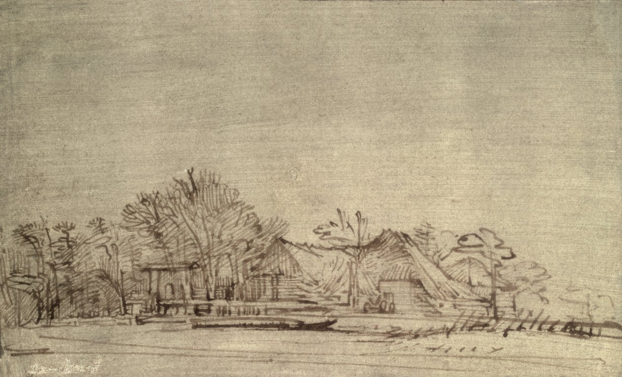 Zimní krajina s domky mezi stromy, cca 1650 (rákosové pero a hnědý inkoust) od Rembrandt van Rijn