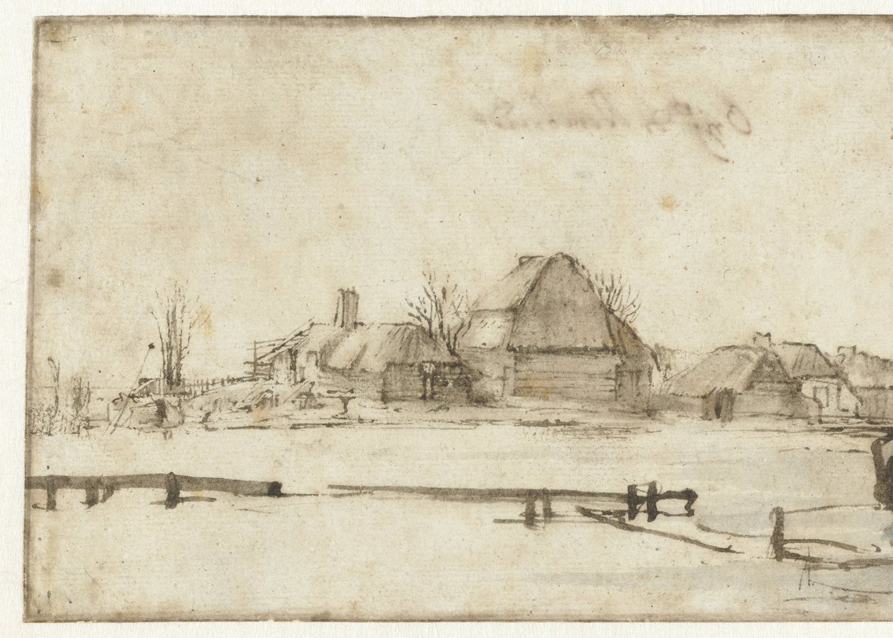 Zimní pohled s vodní cestou, chatami a dvěma čluny od Rembrandt van Rijn